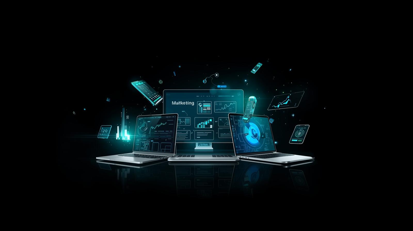 high quality high resolution image of digital marketing representation against lack background highlighting latest mobile, ipad or laptop and flyinh